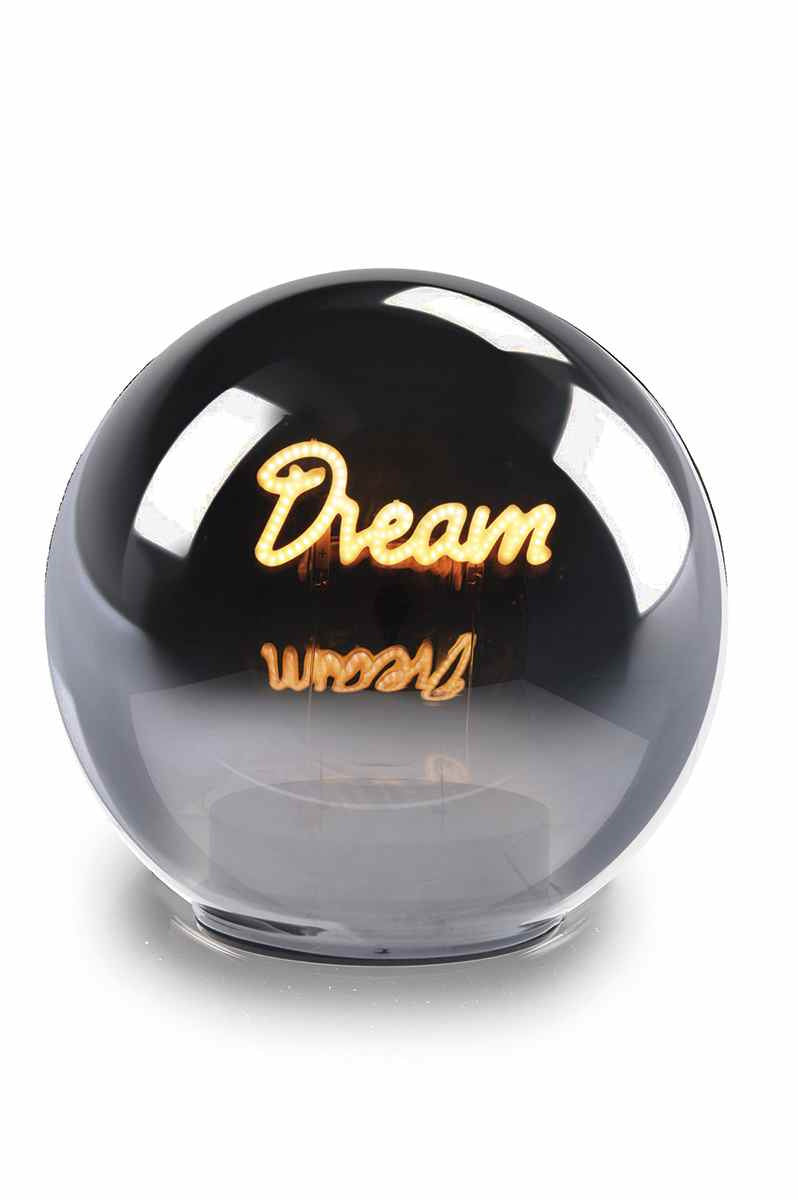 Lampada sfera in vetro specchiato con scritta a luce led 3d