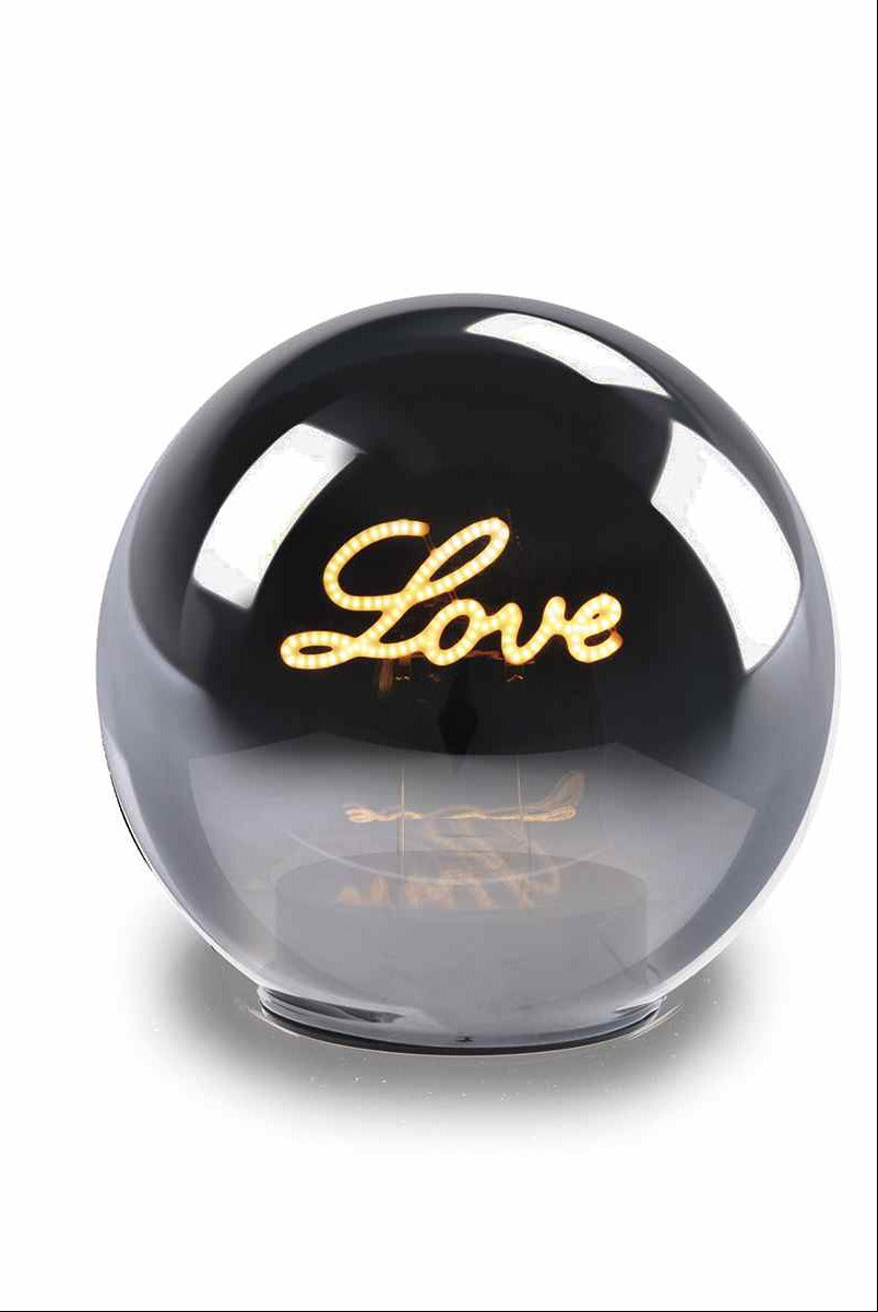 Lampada sfera in vetro specchiato con scritta a luce led 3d