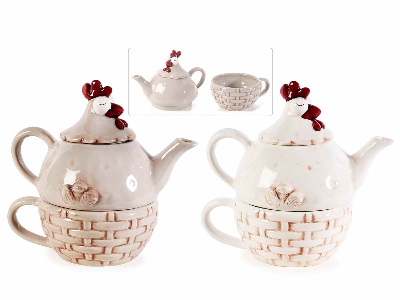 Set teiera e tazza in ceramica gallinella decori in rilievo