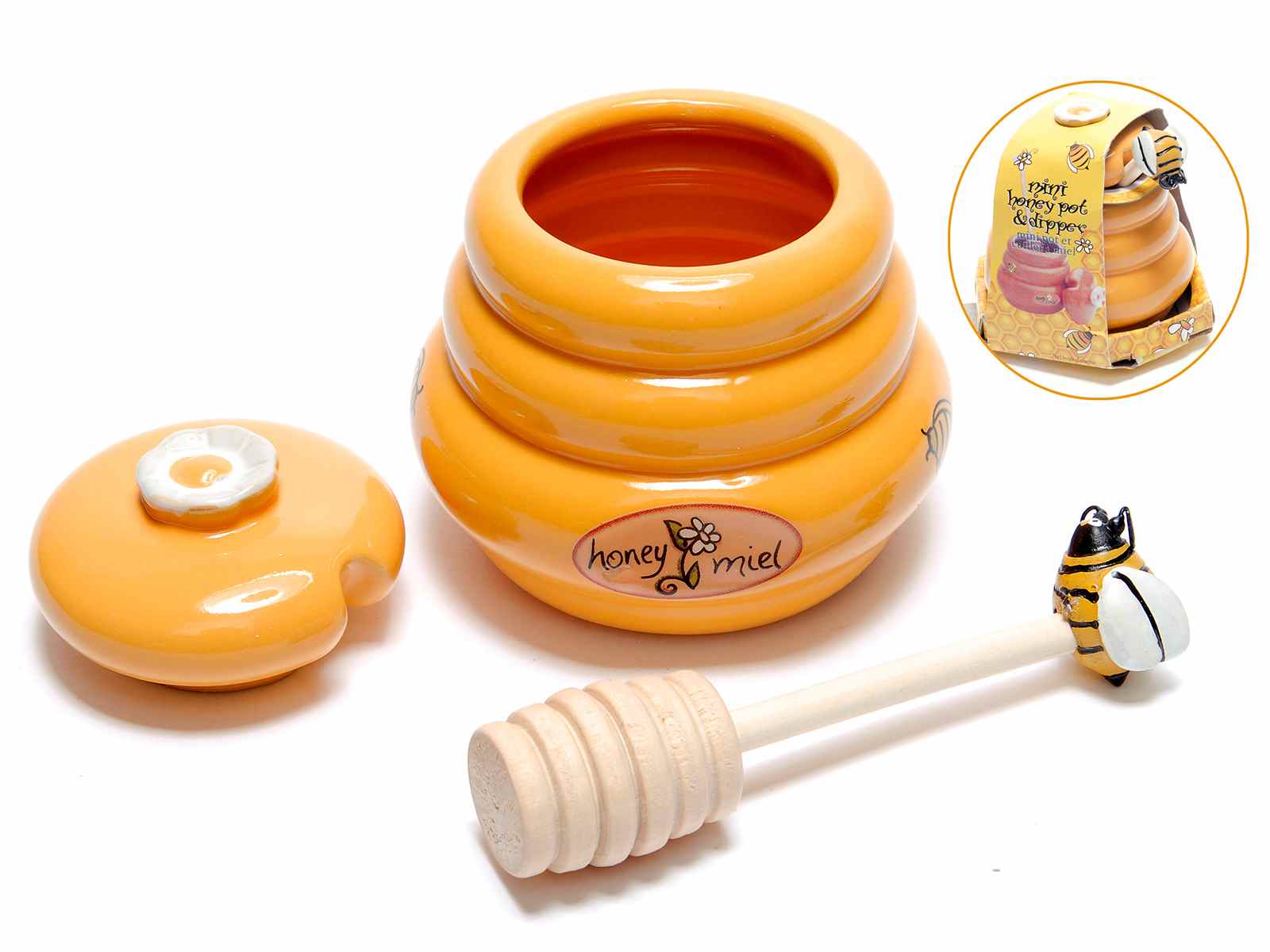 Barattolo portamiele 150 ml in ceramica, coglimiele in legno