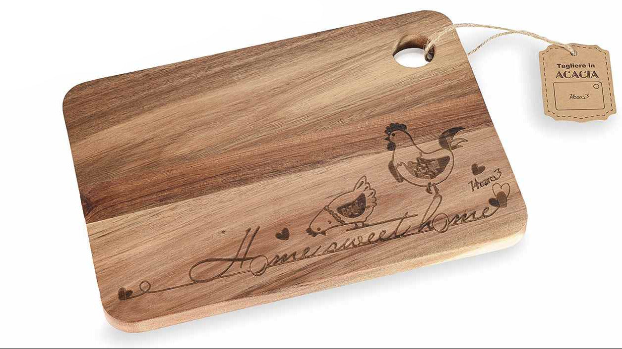 Tagliere in legno d'acacia con intagli gallinella e tag