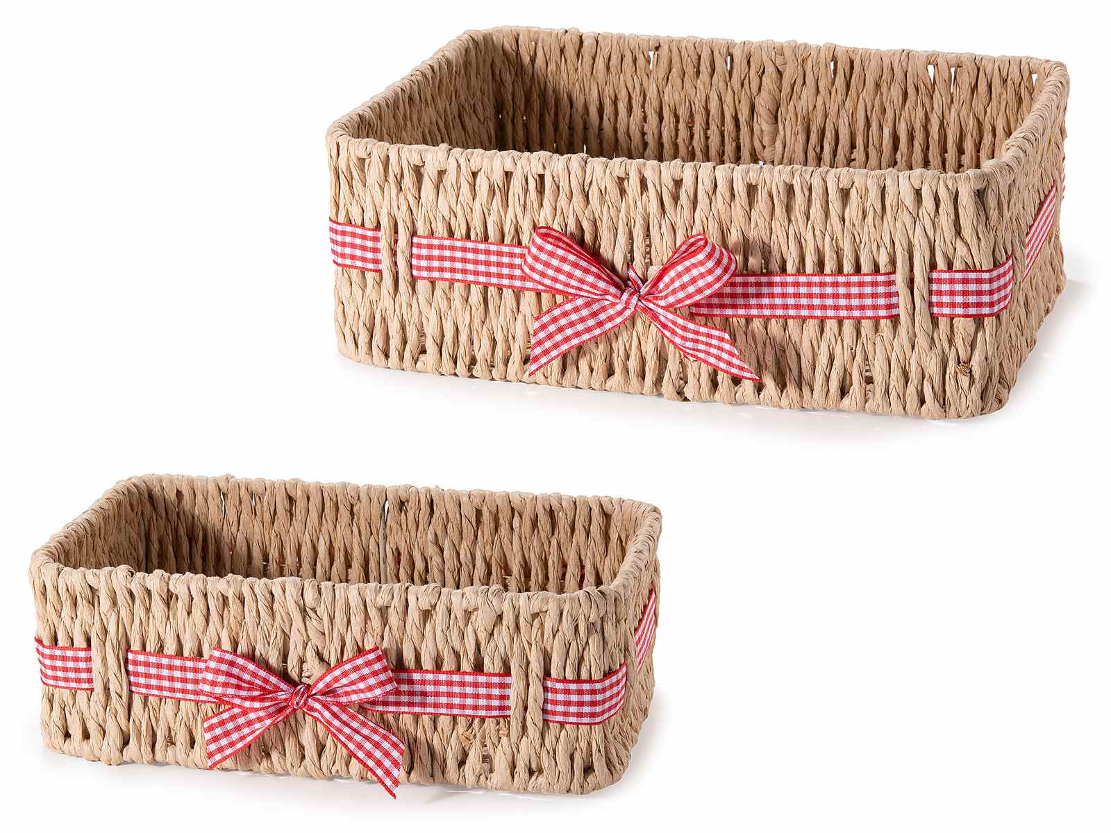 Set 2 cestini rettangolari in carta intrecciata con fiocco