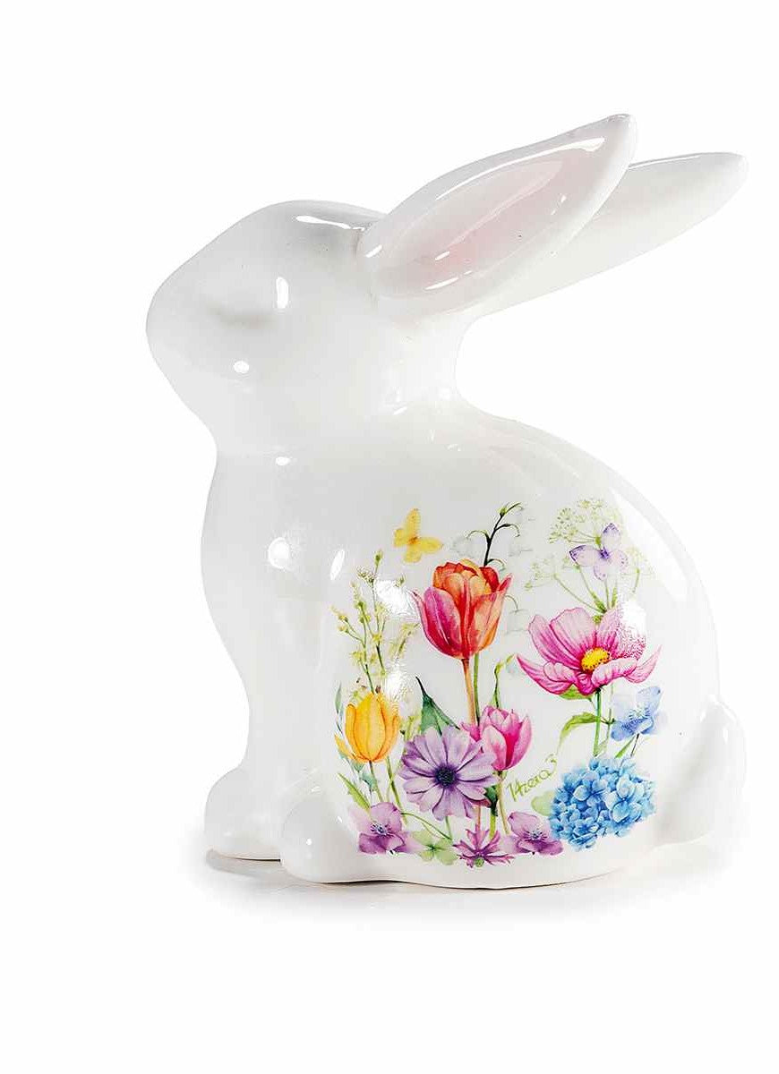 Coniglietto in porcellana lucida con decorazioni floreali