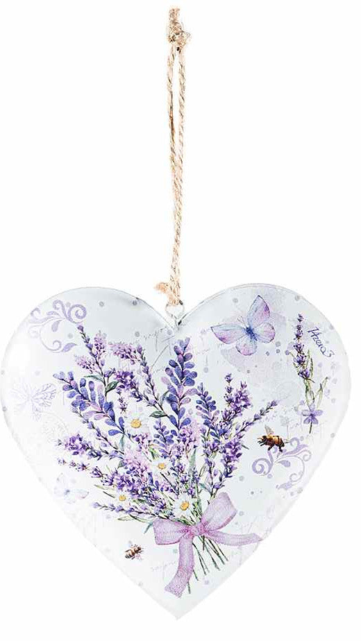 Cuore in metallo con decori lavanda e cordino da appendere