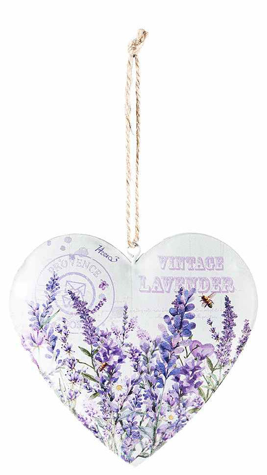 Cuore in metallo con decori lavanda e cordino da appendere