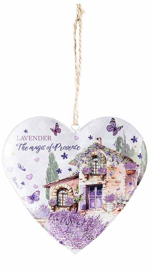 Cuore in metallo con decori lavanda e cordino da appendere