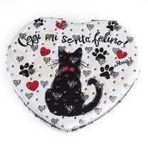 Specchietto da borsetta doppio a cuore con gatti e strass