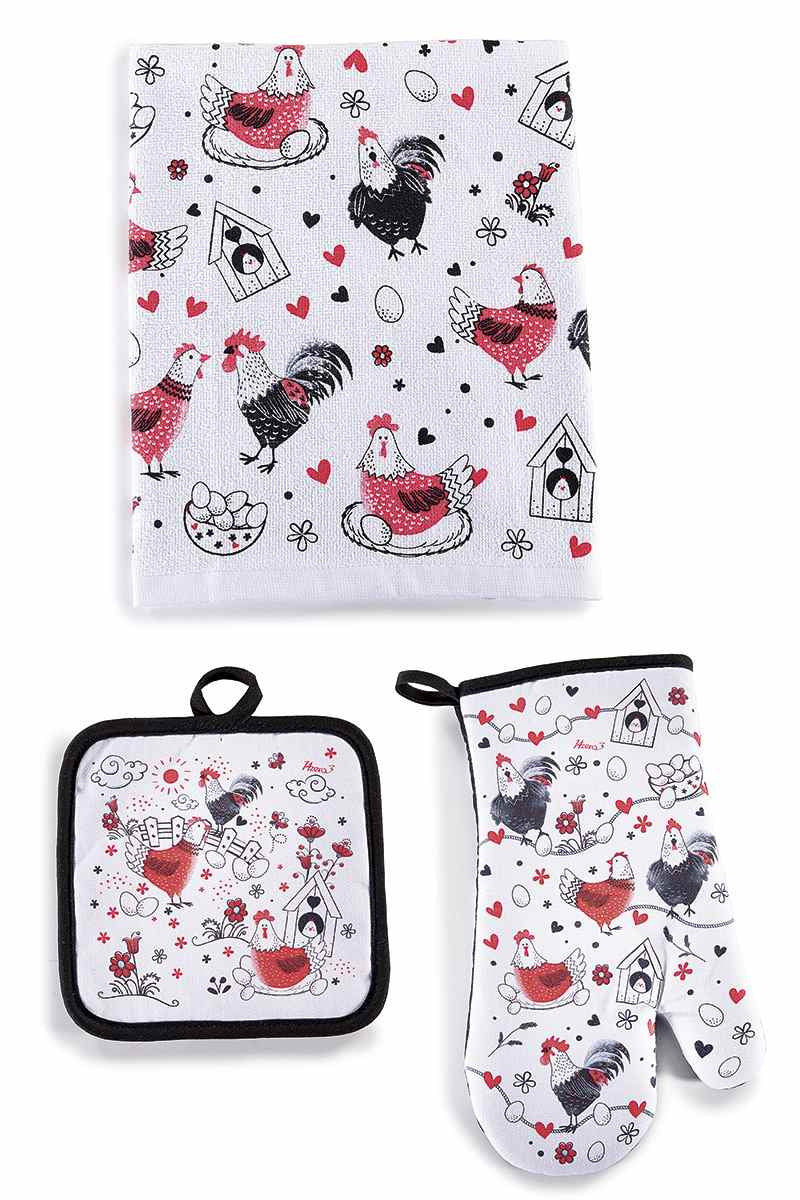 Set tessili cucina con guanto, presina, asciugapiatti cotone