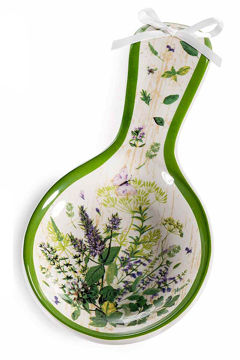 Poggiamestolo in ceramica decori erbe aromatiche e fiocco