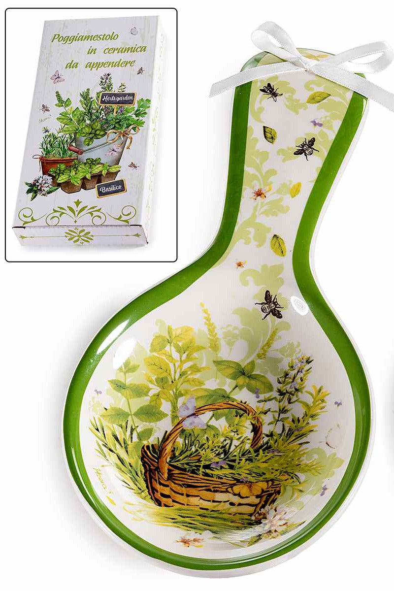Poggiamestolo in ceramica decori erbe aromatiche e fiocco