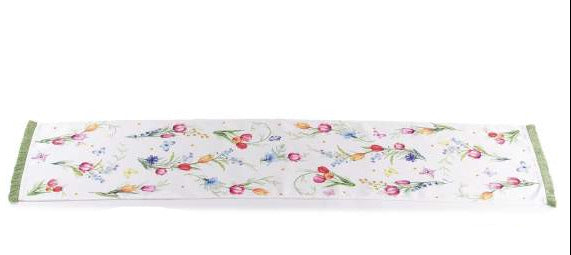 Runner rettangolare in stoffa stampa fiori con frange
