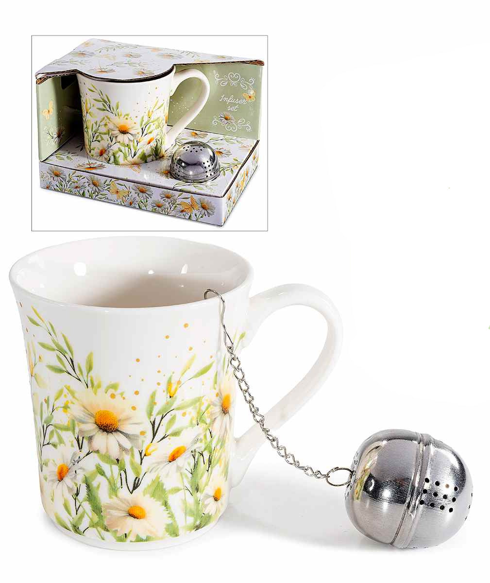 Set tazza porcellana 250ml decori camomilla e filtro metallo