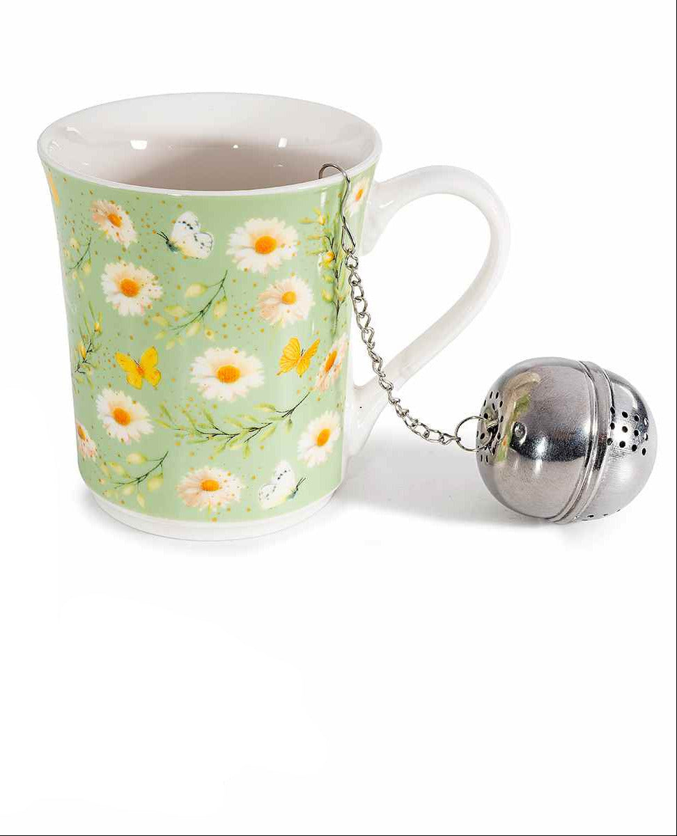 Set tazza porcellana 250ml decori camomilla e filtro metallo