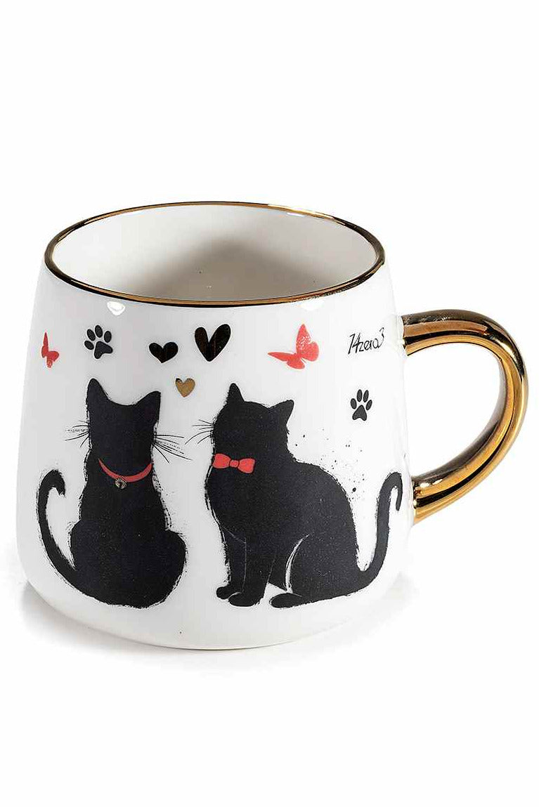 Tazza in ceramica 380 ml con gatti e dettagli dorati
