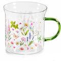 Tazza in vetro 350 ml con stampa floreale e manico colorato
