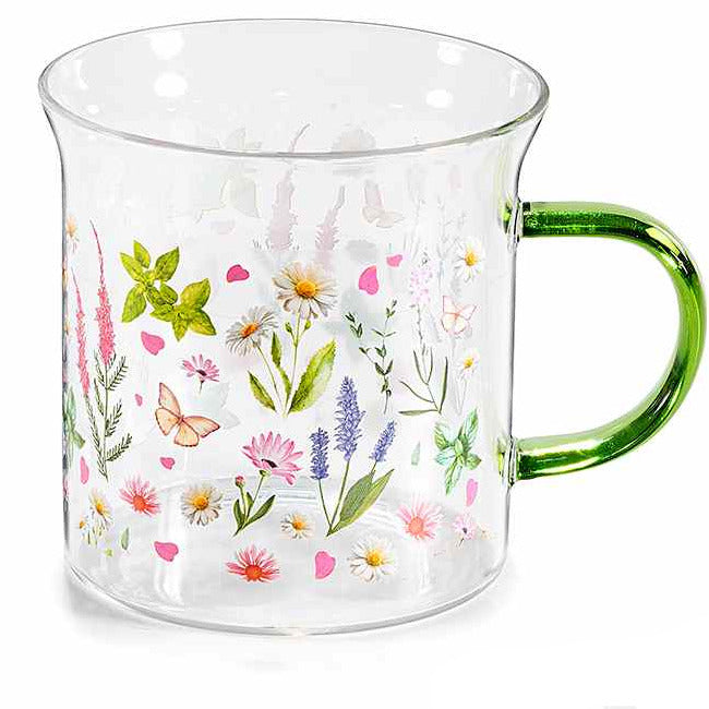 Tazza in vetro 350 ml con stampa floreale e manico colorato