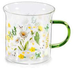 Tazza in vetro 350 ml con stampa floreale e manico colorato