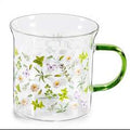 Tazza in vetro 350 ml con stampa floreale e manico colorato
