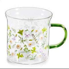 Tazza in vetro 350 ml con stampa floreale e manico colorato