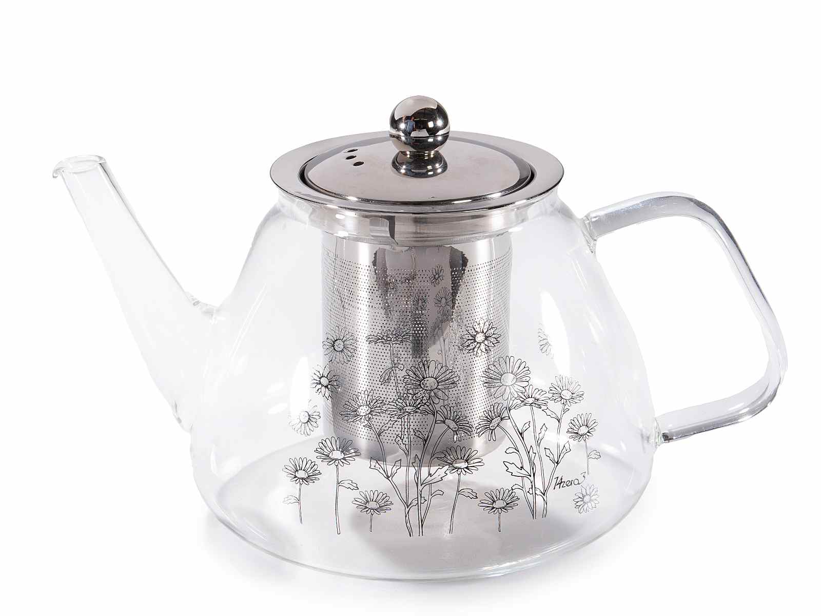 Teiera vetro decorato 850 ml con filtro e coperchio acciaio