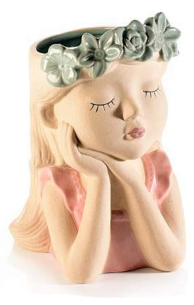 Vaso decorativo in ceramica a forma di volto di ragazza abito rosa