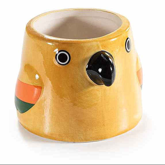 Vaso in ceramica colorata lucida con volto di pappagallo