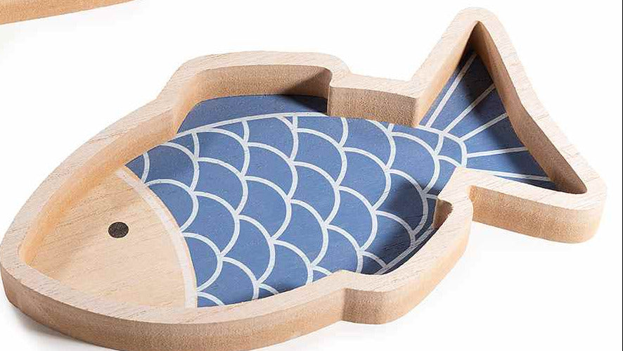 Vassoio in legno a pesce con interno decorato