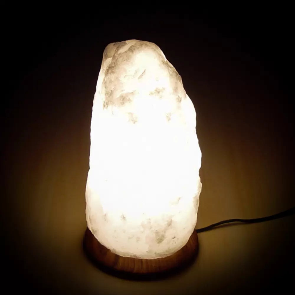 Lampada di Sale Himalayano Bianca grezza 2-3 kg con luce calda e base in legno