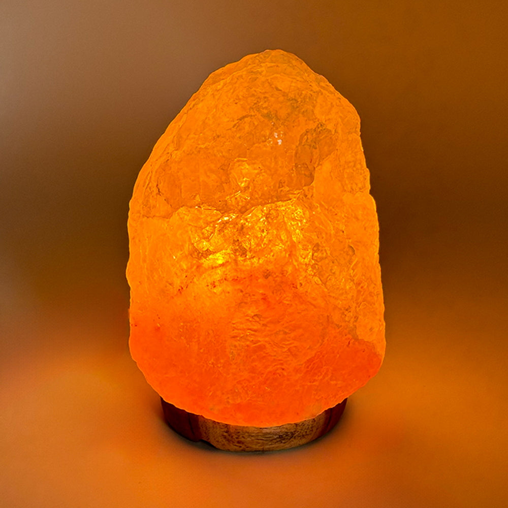 Lampada di Sale Himalayano Rosa grezza 1-2 kg con luce calda e base in legno