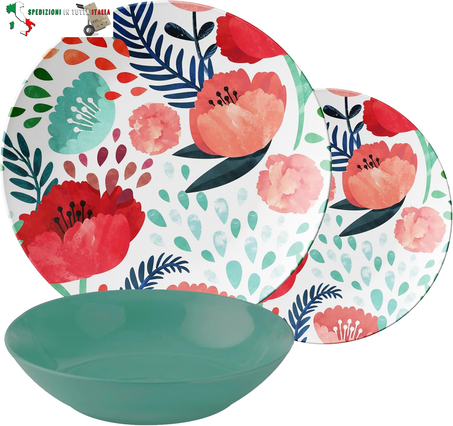 Servizio di Piatti da 18 pezzi in Porcellana, Servito da Tavolo Colorato per 6 Persone, Piatto Fondo, Piano, da Frutta o Dolce, Fantasia Papaveri